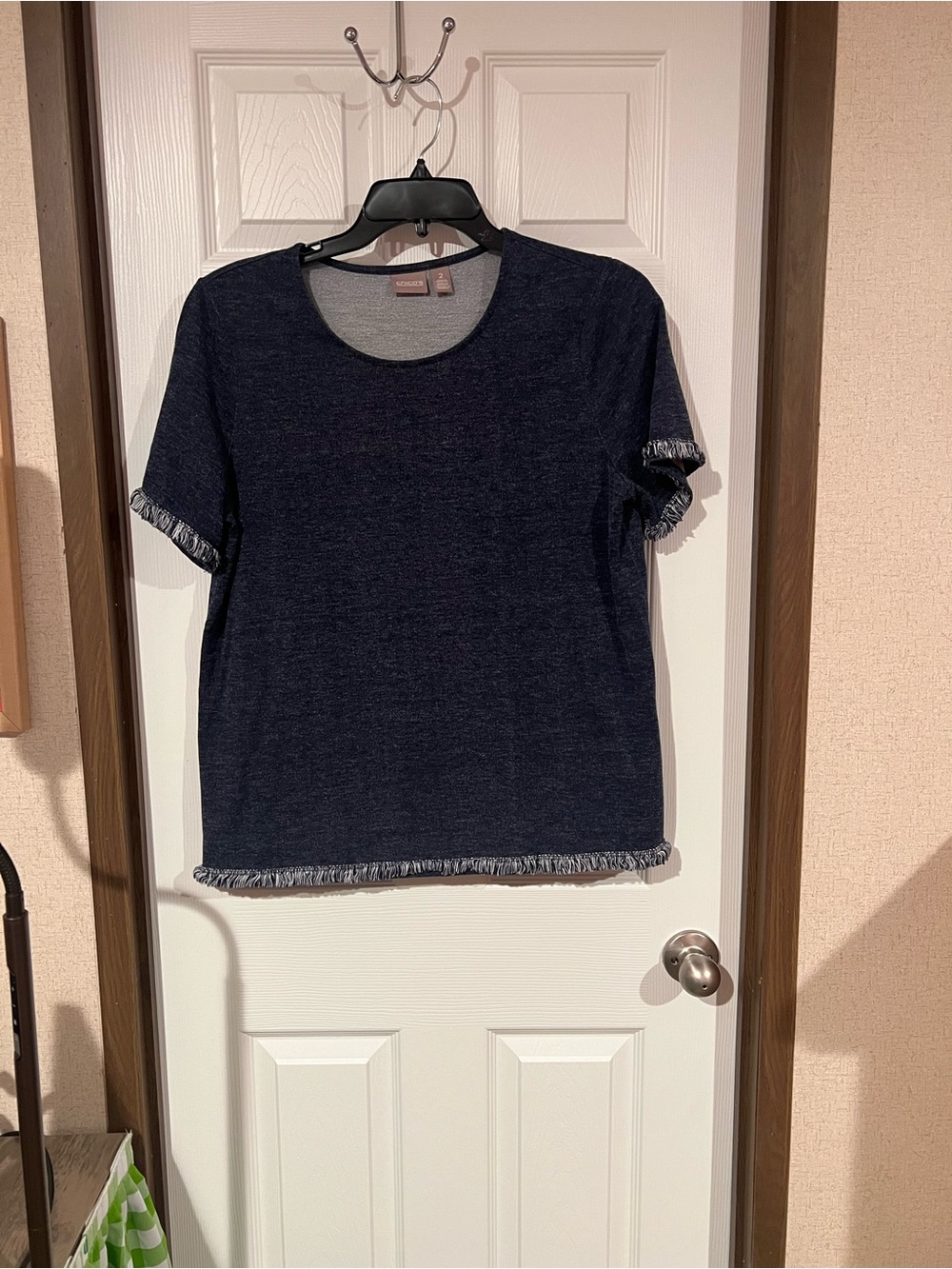 Chico’s Fringe Trim Navy Short Sleeve Top